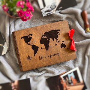 Дерев'яний фотоальбом з картою світу на обкладинці | фотоальбом з паперовими сторінками, тревелбук Код/Артикул 182 м. ка