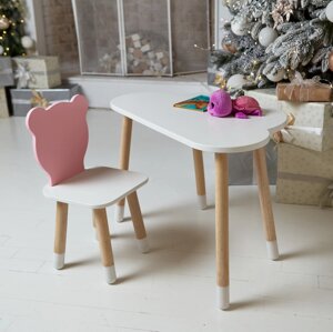 Дитячи білий стіл хмарка і стільчик ведмедик дитячий рожевий. Дитячий столик білосніжний. Код/Артикул 115 41932