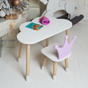 Білий столик хмарка та стільчик корона дитячий фіолетовий. Білосніжний столик дитячий. Код/Артикул 115 49129
