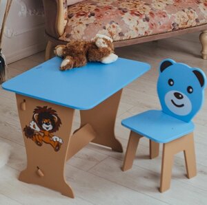 Дитячий столик-парта, малюнок зайчик і стільчик синій ведмежатко. Для гри, навчання, малювання. Код/Артикул 115