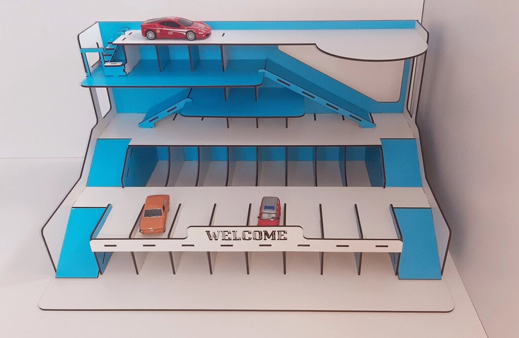 Дитяче дерев'яне паркування для машинок, самозбірний іграшковий паркінг з гаражами, з фанери Код/Артикул 52 44 від компанії greencard - фото 1