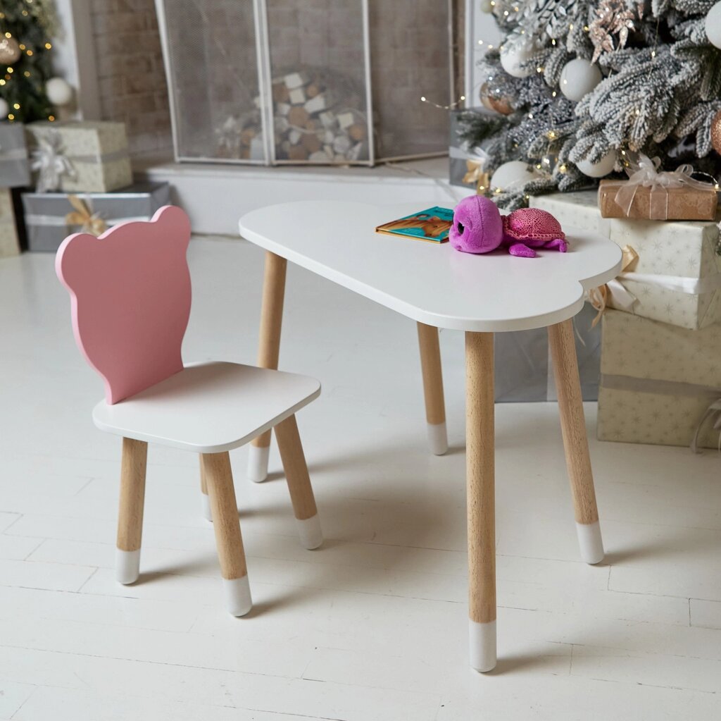 Дитячи білий стіл хмарка і стільчик ведмедик дитячий рожевий. Дитячий столик білосніжний. Код/Артикул 115 41932 від компанії greencard - фото 1