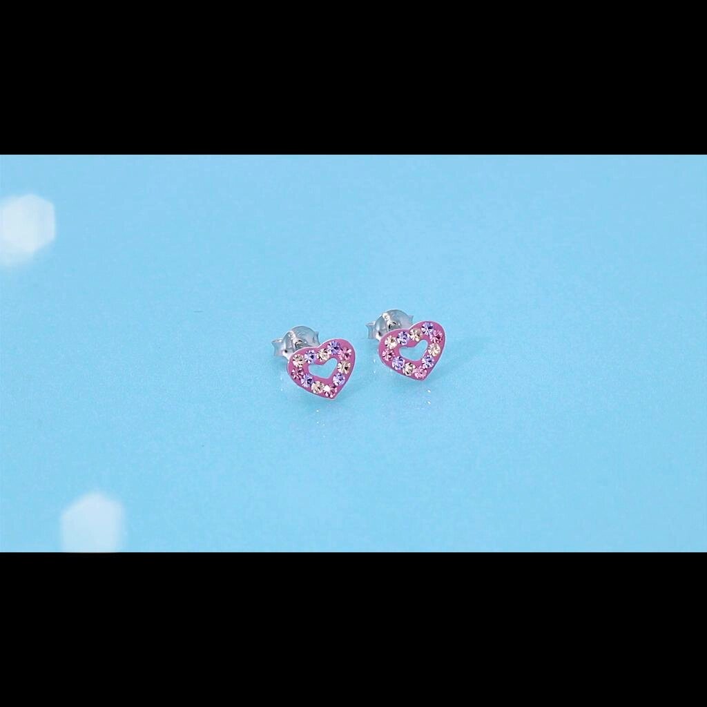 Дитячі сережки-гвоздики зі стерлінгового срібла 925 проби з рожевими кристалами та відкритим серцем для дівчаток та Під  від компанії greencard - фото 1