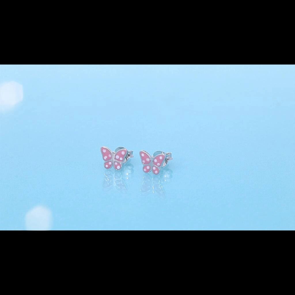 Дитячі сережки Рожеві сережки-гвоздики у вигляді метелика в горошок з гіпоалергенного срібла 925 проби Подарунки Під від компанії greencard - фото 1