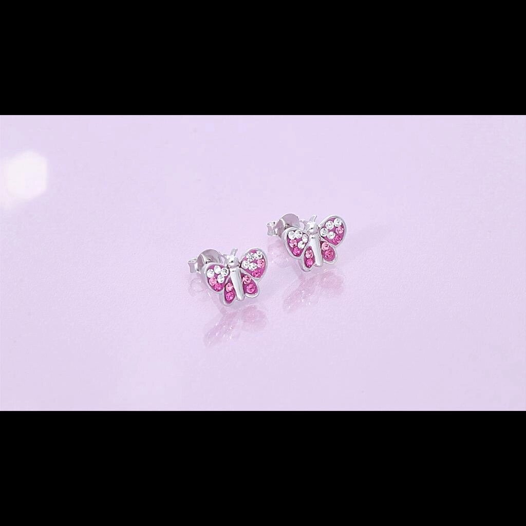 Дитячі яскраво-рожеві сережки-гвоздики з кристалами-метеликами зі стерлінгового срібла 925 проби, гіпоалергенні Під від компанії greencard - фото 1