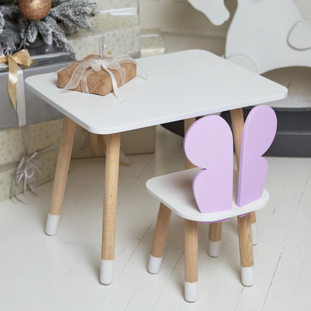 Дитячий  білий прямокутний стіл та стільчик  фіолетовий метелик з білим сидінням. Дитячий  білий столик Код/Артикул 115  від компанії greencard - фото 1