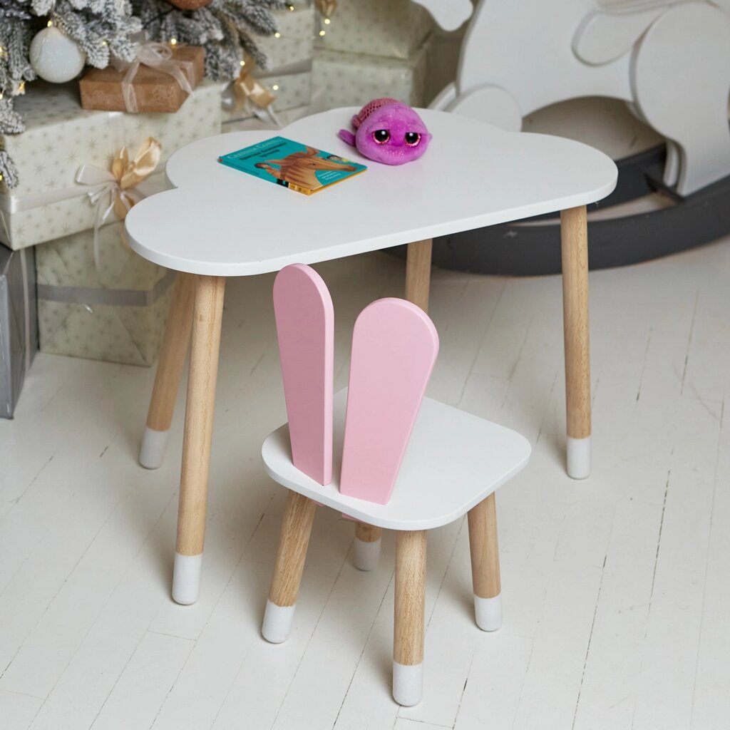 Дитячий  білий стіл хмарка і стільчик зайчик рожевий. Білий столик дитячий Код/Артикул 115 49055 від компанії greencard - фото 1