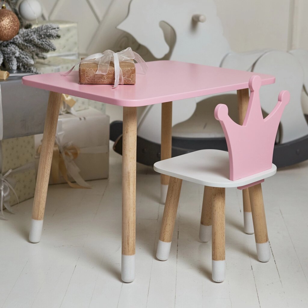 Дитячий  прямокутний стіл і стільчик корона з білим сидінням. Столик рожевий дитячий Код/Артикул 115 23047 від компанії greencard - фото 1