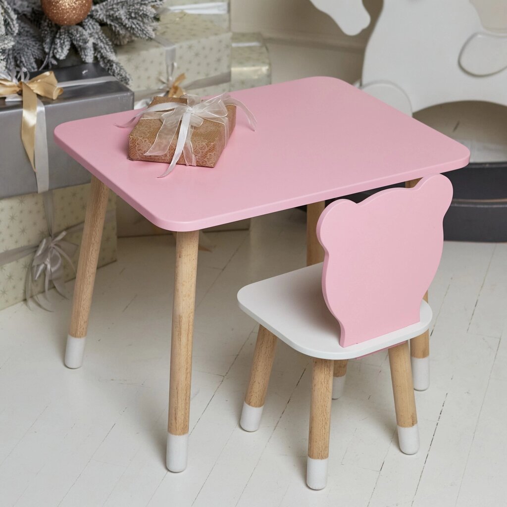 Дитячий  прямокутний стіл і стільчик ведмежа з білим сидінням. Столик рожевий дитячий Код/Артикул 115 42112 від компанії greencard - фото 1