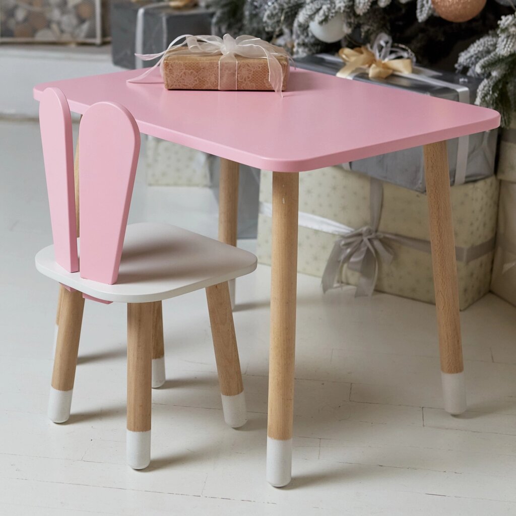 Дитячий  рожевий прямокутний стіл і стільчик зайка з білим сидінням. Столик рожевий дитячий Код/Артикул 115 27421 від компанії greencard - фото 1