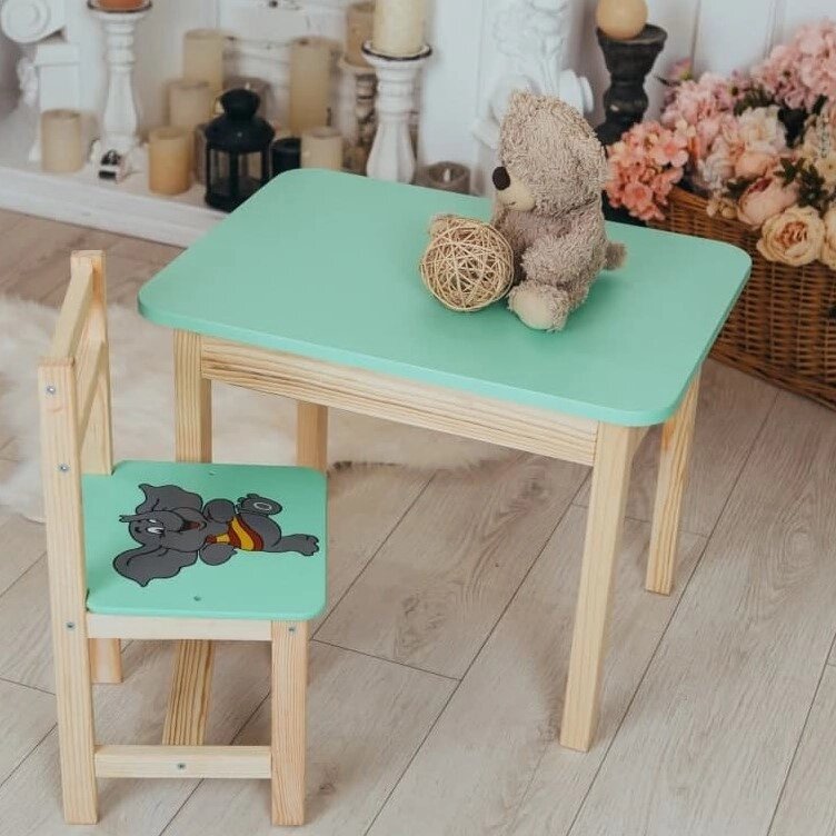 Дитячий столик із шухлядою і стілець дитячий м`ятний із зображенням слоник. Для гри, навчання, малювання. Код/Артикул від компанії greencard - фото 1