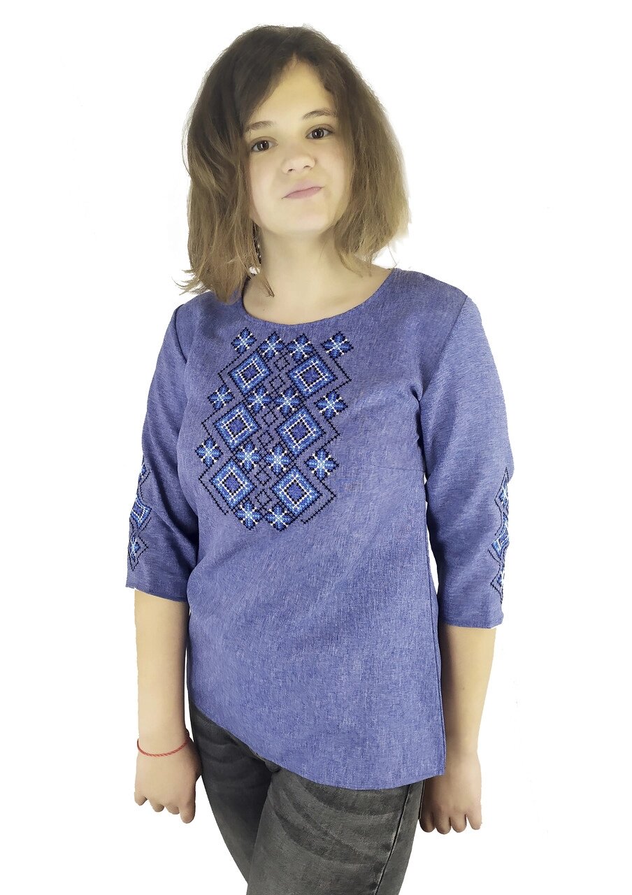 Джинсова вишита блуза для дівчинки підлітка з рукавом 3/4 Код/Артикул 64 04081 від компанії greencard - фото 1