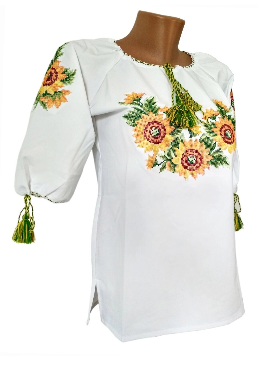 Етнічна жіноча вишиванка у білому кольорі на короткий рукав із квітковим орнаментом Код/Артикул 64 04112 від компанії greencard - фото 1