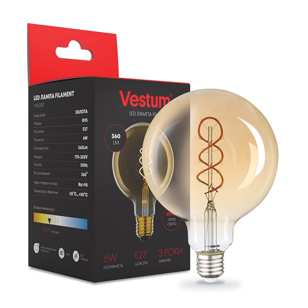 Філаментна лампа Vestum "вінтаж" golden twist G95 Е27 6Вт 220V 2500К 1-VS-2507 Код/Артикул 45 1-VS-2507 від компанії greencard - фото 1