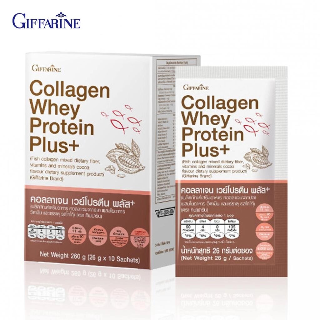 Giffarine Collagen Whey Protein Plus+, суміш харчових волокон з рибним колагеном, вітамінами та мінералами, смак какао,  від компанії greencard - фото 1