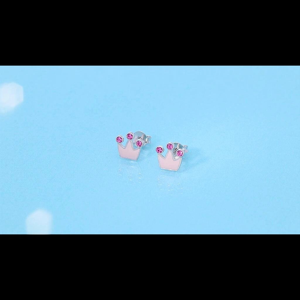 Гіпоалергенні сережки-гвоздики з рожевою короною зі стерлінгового срібла 925 проби для маленьких дівчаток та дітей с від компанії greencard - фото 1