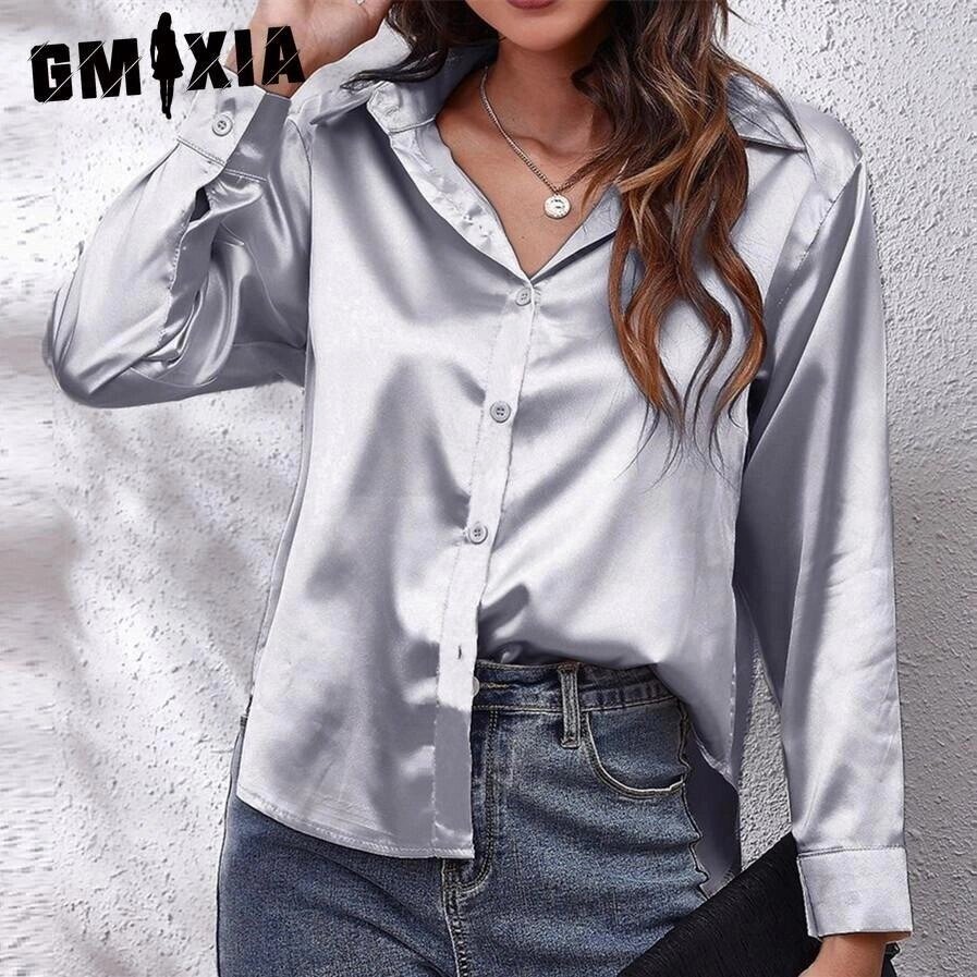 GMXIA Жіночі модні повсякденні однотонні блузки та сорочки-поло з довгим рукавом із принтом від компанії greencard - фото 1