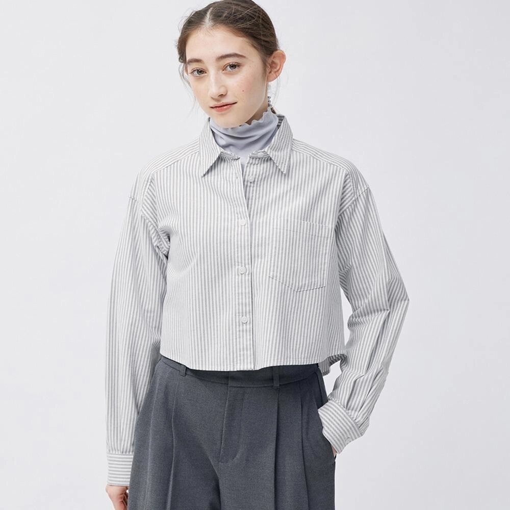 GU by Uniqlo Оксфордська коротка сорочка з довгим рукавом у смужку під замовлення з Японії за 30 днів, доставка від компанії greencard - фото 1