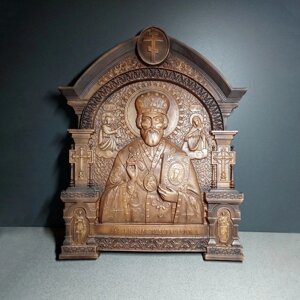 Икона Святого Николая Чудотворца в резном киоте деревянная Размер 30 х 38 см. Код/Артикул 142 505