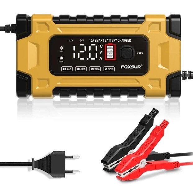 Імпульсний зарядний пристрій Foxsur 12 V 10 A (жовта) для авто/мото акумуляторів Код/Артикул 13 від компанії greencard - фото 1