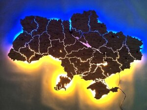 Мапа/карта України з фанери на стіну з LED-підсвіткою Nevet синьо-жовтий Пульт керування 200х133 см (0001207)