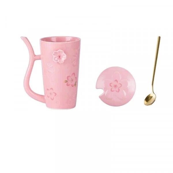 Керамічна чашка з кришкою та ложкою рожева Код/Артикул 5 0583-1 від компанії greencard - фото 1