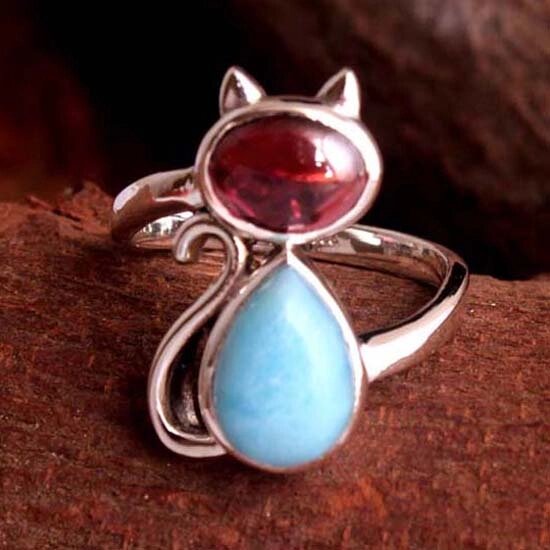 Кільце з дорогоцінним каменем Larimar Red Garnet, кільце зі стерлінгового срібла 925 проби, кільце з кішкою під від компанії greencard - фото 1