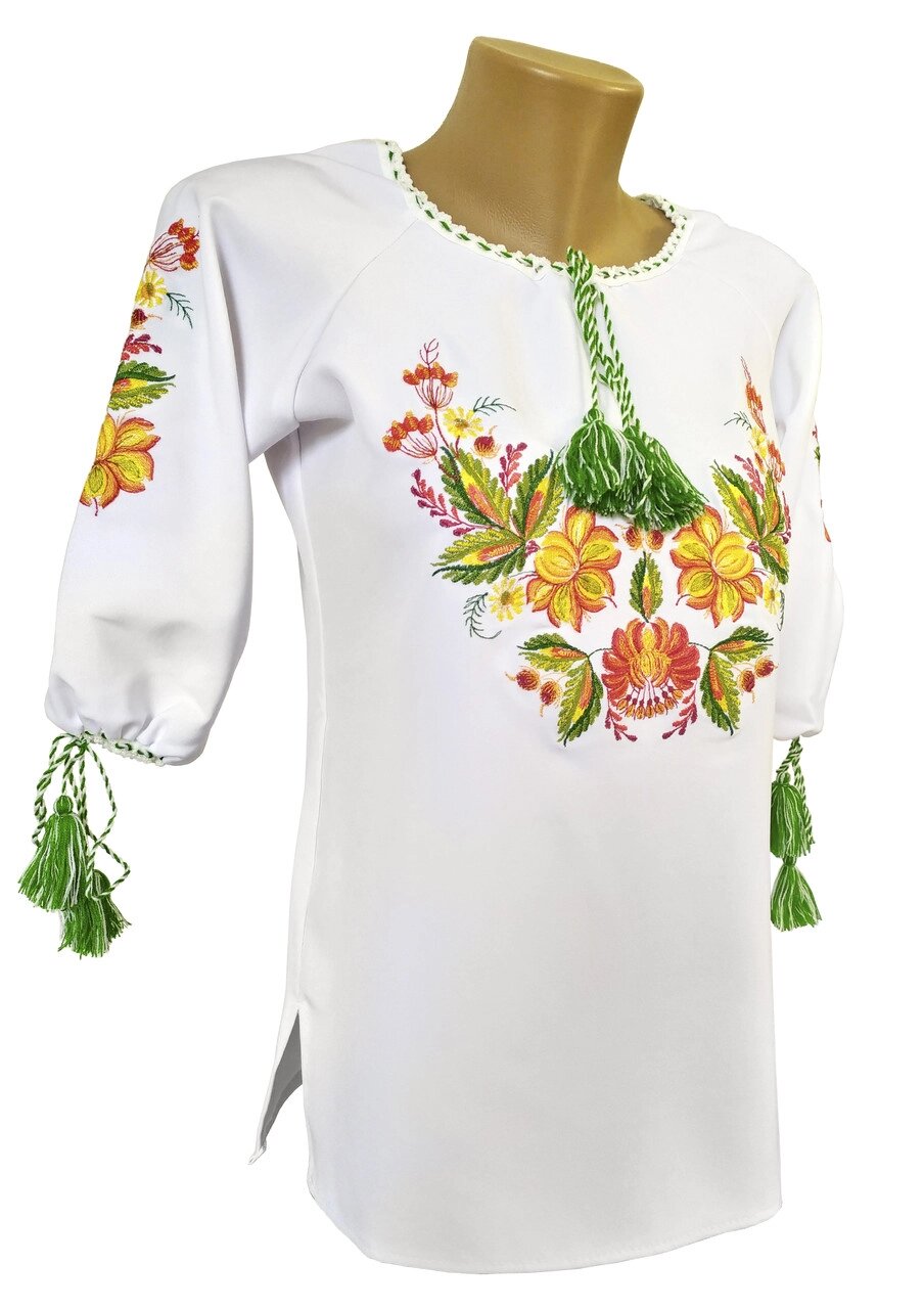 Класична жіноча вишиванка білого кольору із рукавом 3/4 «Петриківський розпис» Код/Артикул 64 04202 від компанії greencard - фото 1