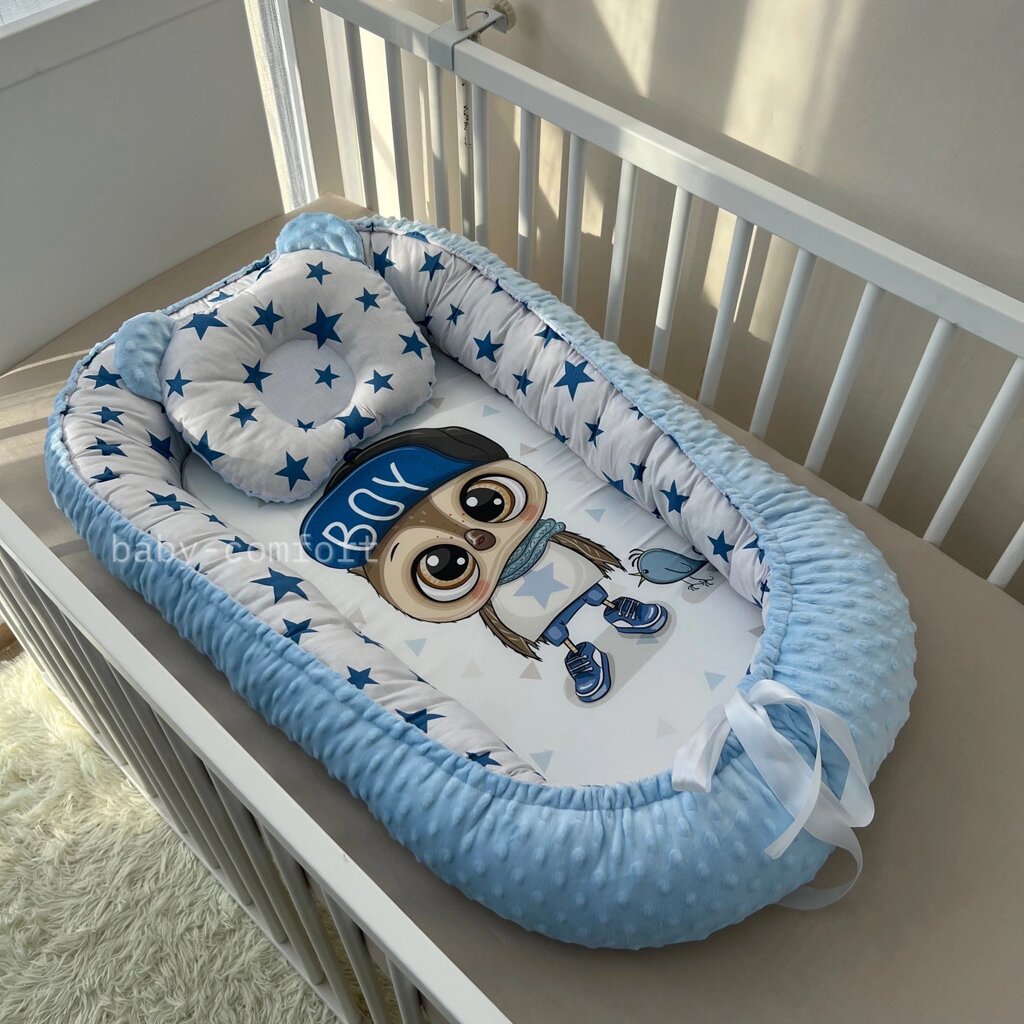 Кокон-позиціонер для новонароджених Baby Comfort Сова блакитний + подушечка Код/Артикул 15 від компанії greencard - фото 1