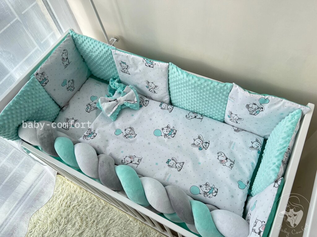 Комплект постільної білизни Baby Comfort Fluffy Слоники м'ятний 7 елементів Код/Артикул 15 BC-t (FL004) від компанії greencard - фото 1
