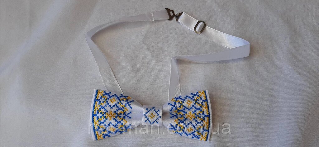 Краватка - метелик з вишивкою, біла з синьо-жовтим КодАртикул 2 від компанії greencard - фото 1