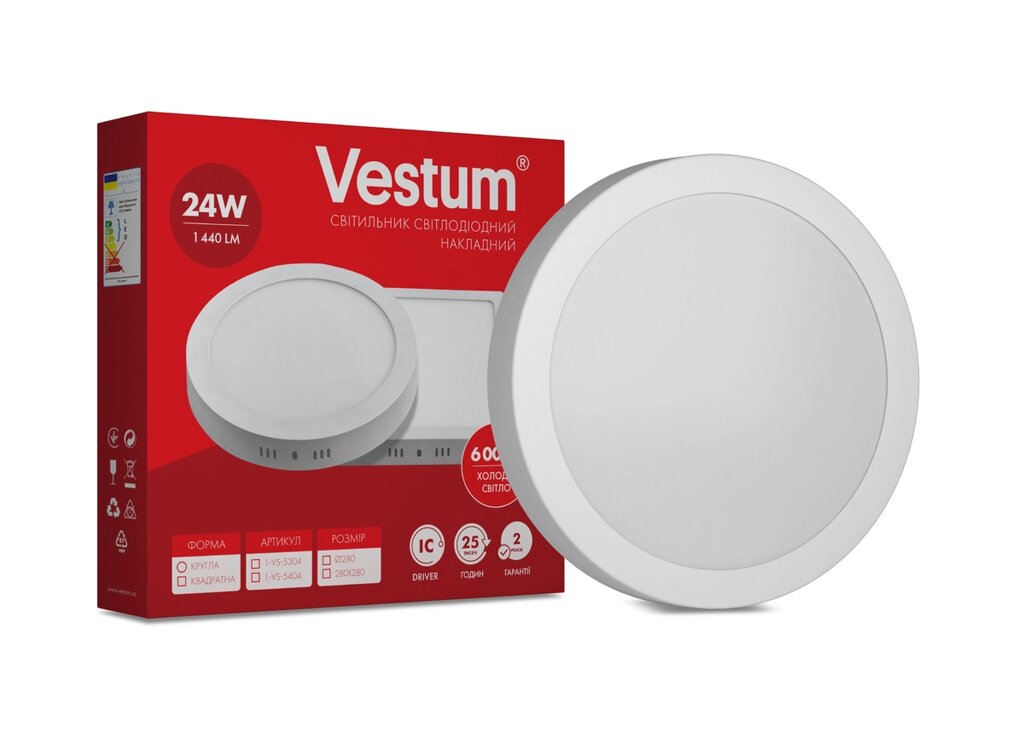 Круглий світлодіодний накладний світильник Vestum 24W 6000K 220V 1-VS-5304 Код/Артикул 45 1-VS-5304 від компанії greencard - фото 1