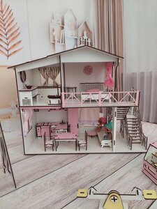 Ляльковий дерев'яний рожевий самозбірний будиночок для ляльок з меблями, зі сходами і панно на стіну Код/Артикул 52 11