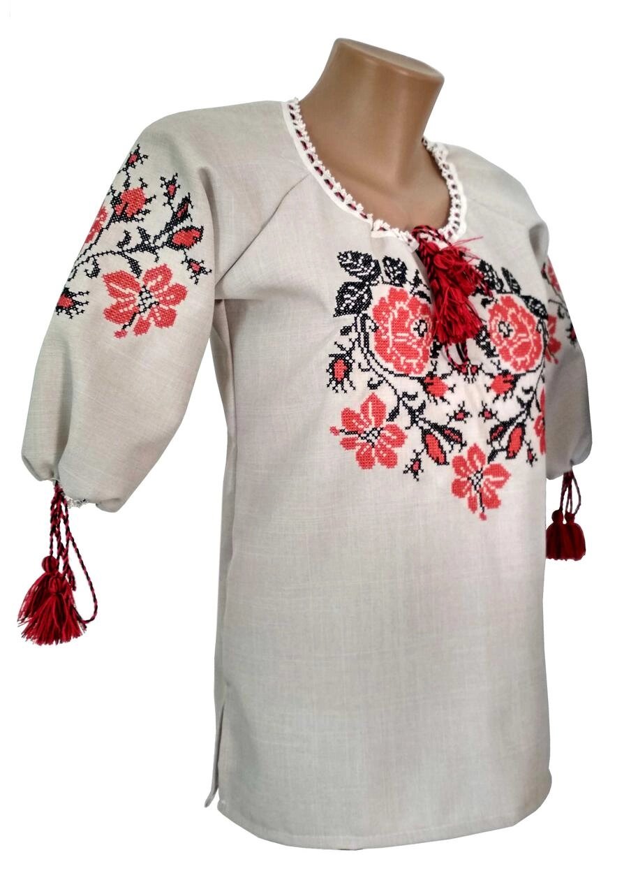 Лляна вишита жіноча сорочка із квітковим орнаментом Код/Артикул 64 04132 від компанії greencard - фото 1