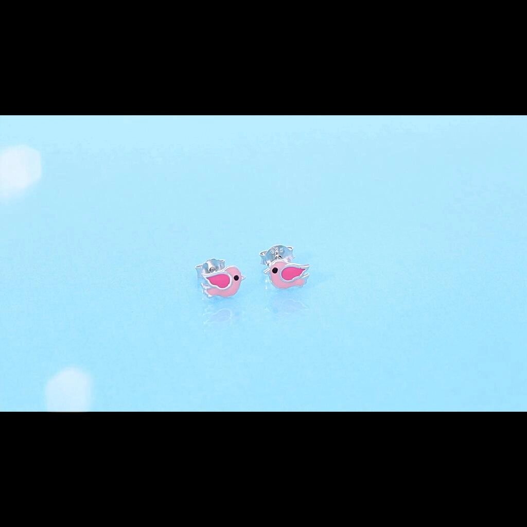 Милі сережки-гвоздики зі стерлінгового срібла 925 проби з рожевим птахом, антиалергенні ювелірні вироби для дітей,  Під  від компанії greencard - фото 1