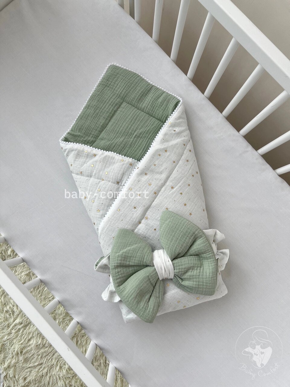 Мусліновий плед-конверт Baby Comfort бавовна 100% зелений+бант Код/Артикул 15 від компанії greencard - фото 1