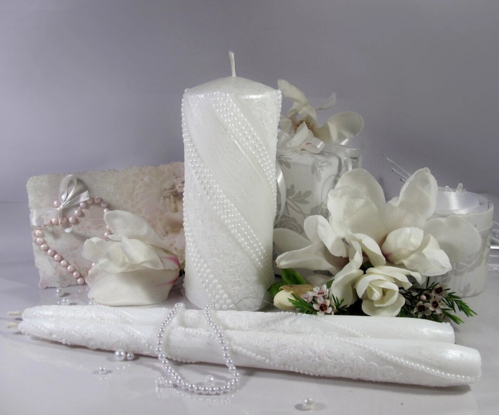Набір весільних свічок білого кольору "Перливо-мереживо білий" Код/Артикул 84 НЖКб від компанії greencard - фото 1
