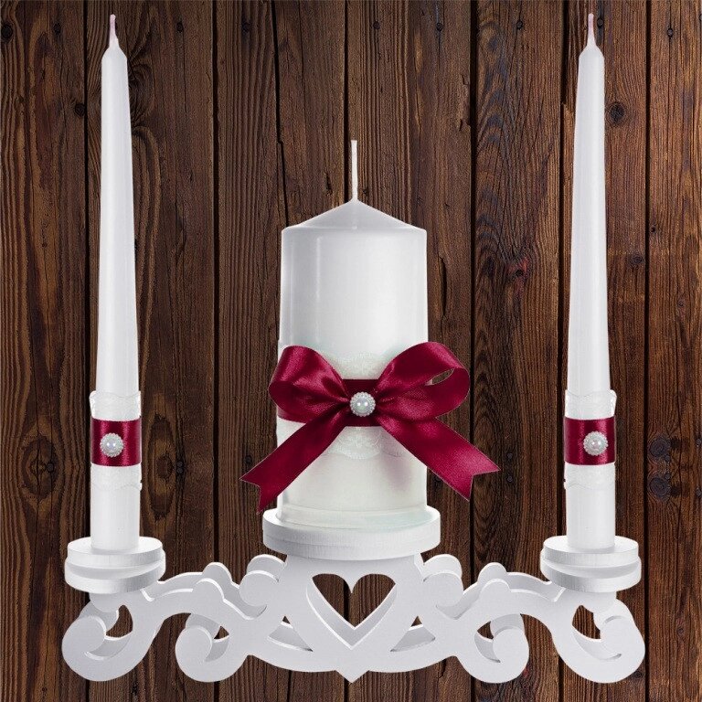 Набір весільних свічок "Сімейне вогнище" бордовий колір прикраси (арт. CAND-17) Код/Артикул 84 CAND-17 від компанії greencard - фото 1