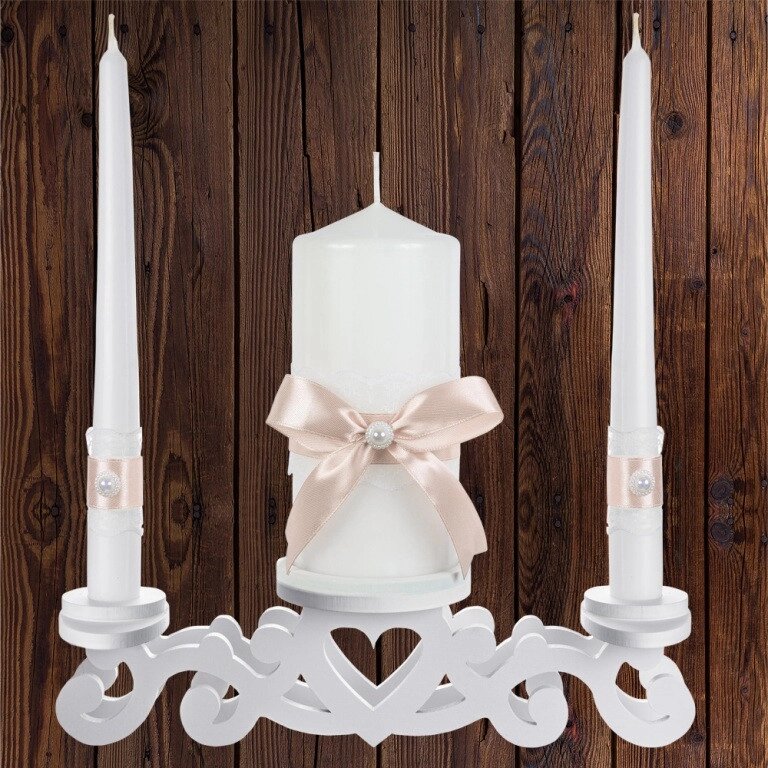 Набір весільних свічок "Сімейне вогнище" персиковий колір прикраси (арт. CAND-28) Код/Артикул 84 CAND-28 від компанії greencard - фото 1