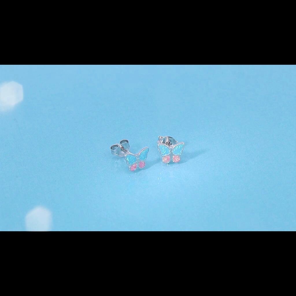 Неалергенні сережки-гвоздики із чистого срібла 925 проби з рожевими та синіми блискітками для дівчаток Під замовлення з  від компанії greencard - фото 1