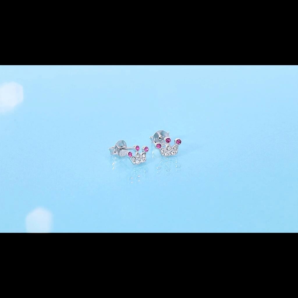 Неалергенні сережки-гвоздики зі стерлінгового срібла 925 проби з рожевою короною та кристалами для маленьких дівчаток,   від компанії greencard - фото 1