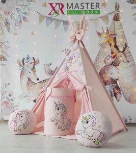 Вігвам палатка для дітей Веселі єдинороги на пудрі + кошик для іграшок. Повний комплект ! Код/Артикул 0000993