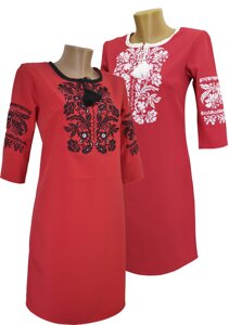 Жіночу червону сукню вишиванка з рукавом 3/4 і довжиною до колін Код/Артикул 64 01073