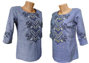 Вишита блуза для дівчинки підлітка на джинсі з геометричним орнаментом Код/Артикул 64 04181