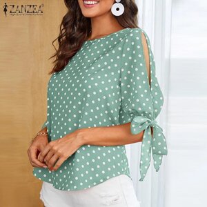 ZANZEA Жіноча літня блузка з круглим вирізом та половиною рукавів з принтом у горошок під замовлення за 30 днів