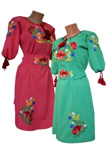 Вишите жіноче плаття на кольоровому льоні з рослинним орнаментом «Мак-волошка» Код/Артикул 64 01074