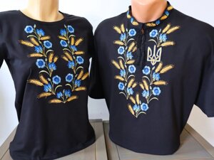 Сімейні футболки / Family look з вишивкою Золоте колосся на чорному, футболки вишивки, футболки вишиванки, футболки з