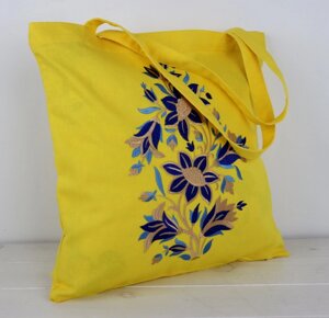 Сумка Шопер з вишивкою Весняні дзвіночки на жовтому льоні, еко сумка для покупок, шопер, сумка з вишиванкою, сумка для