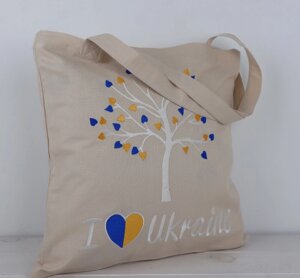 Сумка Шопер з вишивкою I Ukraine 2 на молочному льоні, еко сумка для покупок, шопер, сумка з вишиванкою, сумка для