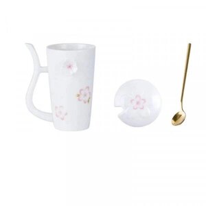 Керамічна чашка з кришкою та ложкою біла Код/Артикул 0583-2